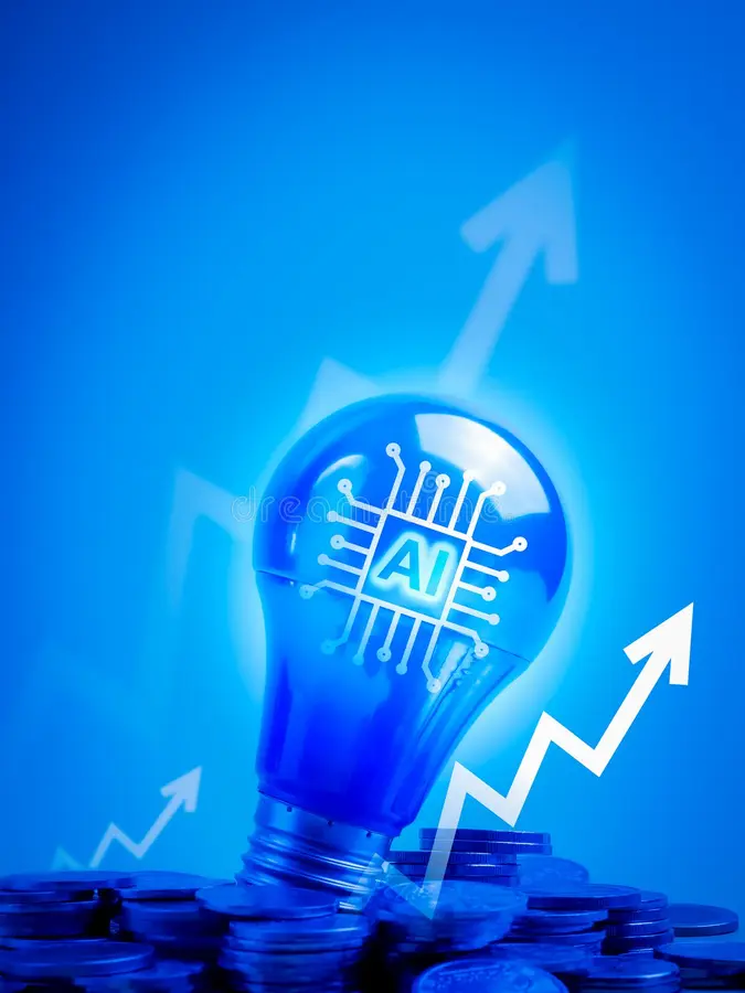 Innovation and AI: lightbulb with a chip icon, growth arrows, and coins suggesting business momentum