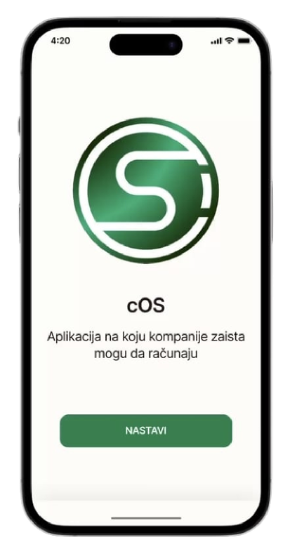 cOS mobile app — splash screen in an iPhone frame