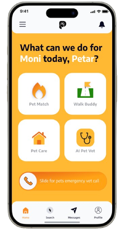 PETZS mobile app — home screen with Pet Match, Walk Buddy, Pet Care, and AI Pet Vet